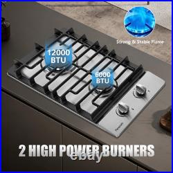 12 Inch Gas Cooktop, 2 Burners Built-In Stainless Steel Stove Top, Max 12000BTU