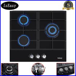 24 3 Burners Gas Cooktop Tempered Glass Panel Built-in LPG NG Hob Black Cooker