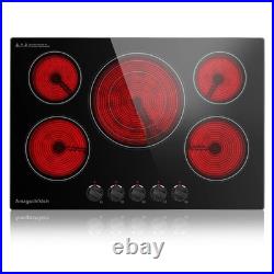 30in Electric Cooktop 5 Burner 9000W Black Glass Stove Top Knob Control 240V