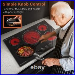 30in Electric Cooktop 5 Burner 9000W Black Glass Stove Top Knob Control 240V