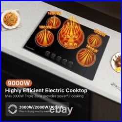 30in Electric Cooktop 5 Burner 9000W Black Glass Stove Top Knob Control 240V
