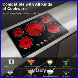 30in Electric Cooktop 5 Burner 9000W Black Glass Stove Top Knob Control 240V