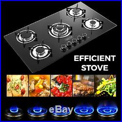 36 Tempered Glass Gas Cooktop 5 Burners Kitchen Cooktop Black Easy to Clean