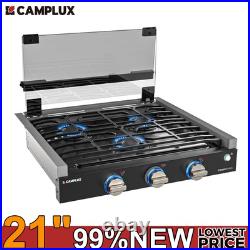 CAMPLUX 21 RV Gas Cooktop 3-Burner LED Knob withFoldable Glass Cover Camper Stove
