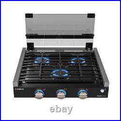 CAMPLUX 21 RV Gas Cooktop 3-Burner LED Knob withFoldable Glass Cover Camper Stove