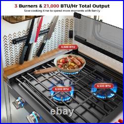 CAMPLUX 21 RV Gas Cooktop 3-Burner LED Knob withFoldable Glass Cover Camper Stove