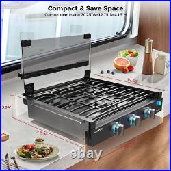 CAMPLUX 21 RV Gas Cooktop 3-Burner LED Knob withFoldable Glass Cover Camper Stove