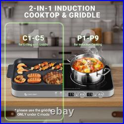 Double Induction Cooktop with Removable Griddle Pan Non-Stick, 1800W 2 Burner Po