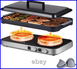 Double Induction Cooktop with Removable Griddle Pan Non-Stick, 1800W 2 Burner Po