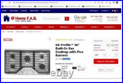 GE Profile 36 W 5-Burner Gas Cooktop with 18K BTU Center Burner, PGP7036SLSS, NEW