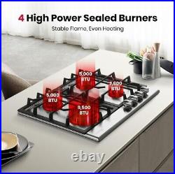 Gas Cooktop 24 Stainless Steel 4 Burners Built-in Gas Hob NG/LPG Convertible