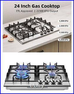 Gas Cooktop 24 Stainless Steel 4 Burners Built-in Gas Hob NG/LPG Convertible