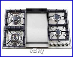 Ilve UXLP90F 36 Pro Gas Cooktop 4 Sealed Burners Stainless Steel With Griddle