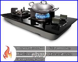 Karinear 30cm Built-in 2 Burners Gas Hob Black Tempered Glass Gas Cooktop, Cast