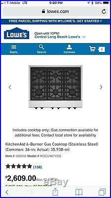 Kitchen aid 6 burners stainless steel 36 in gas cooktop unused brand new