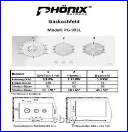 Phönix PG-903L Einbau Gaskochfeld 3 flammig Gaskochmulde Glas Gaskocher 90 cm