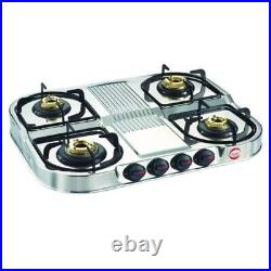 Prestige Duplex Stainless Steel 4 Brass Burner Gas Stove Manual Ignition Cooktop