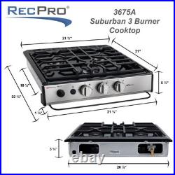 RecPro Suburban RV 3 Burner Propane Cooktop Slide-In Black 9000 BTU