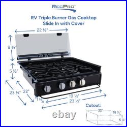 RecPro Suburban RV 3-Burner Propane Gas Cooktop with Glass Cover 9000BTU 12V DC