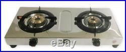Small & Sleek Stainless Steel Cooktop 2 Two Brass Burners LPG Propane Gas Stove