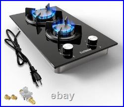 Tempered Glass 12'' Gas Cooktop 2 Burners Propane Cooktop Built in Gas Stovetop