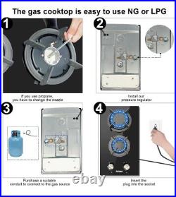 Tempered Glass 12'' Gas Cooktop 2 Burners Propane Cooktop Built in Gas Stovetop