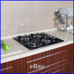 US Black 24 Built-in 4 Burners Gas Cooktop NG/LPG Hob Tempered Glass Cooktops