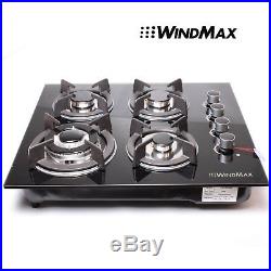 US Black 24 Built-in 4 Burners Gas Cooktop NG/LPG Hob Tempered Glass Cooktops