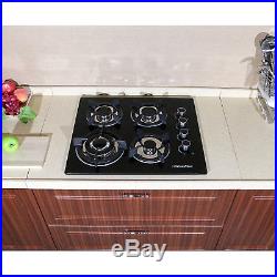 US Black 24 Built-in 4 Burners Gas Cooktop NG/LPG Hob Tempered Glass Cooktops