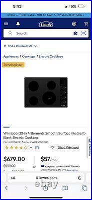Whirlpool 30 4 Elements Smooth Surface Black Electric Drop-In Cooktop NEW