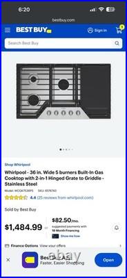 Whirlpool WCGK7536PS 36 5-Burner Gas Cooktop Stainless NEW